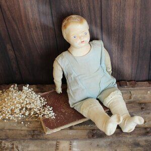 Vintage 1920s 1930s Creepy Doll, Life Size Cloth Body, Composition Head Hands
